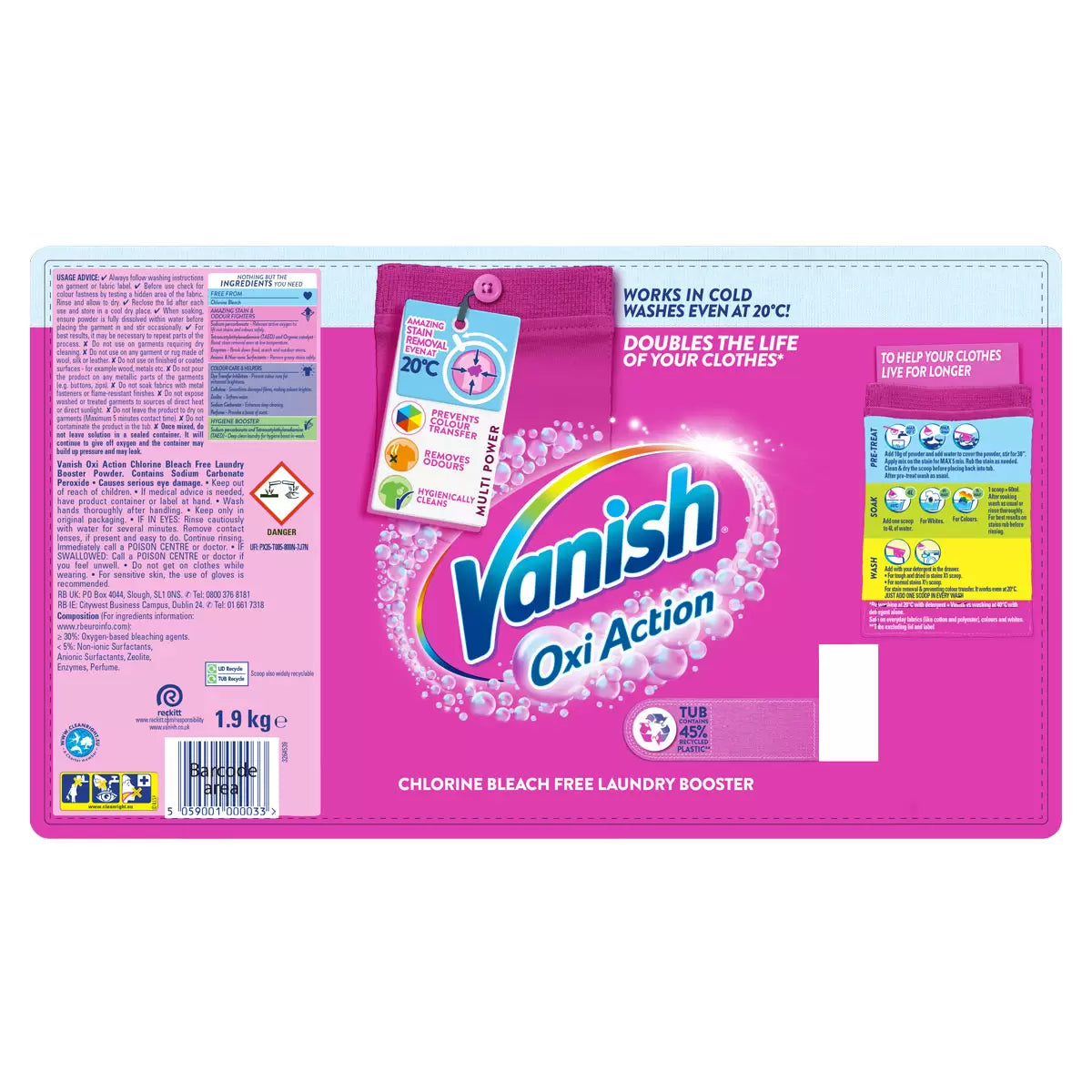 Vanish Gold Oxi Action Powder Fabric Stain Remover, 1.9kg back