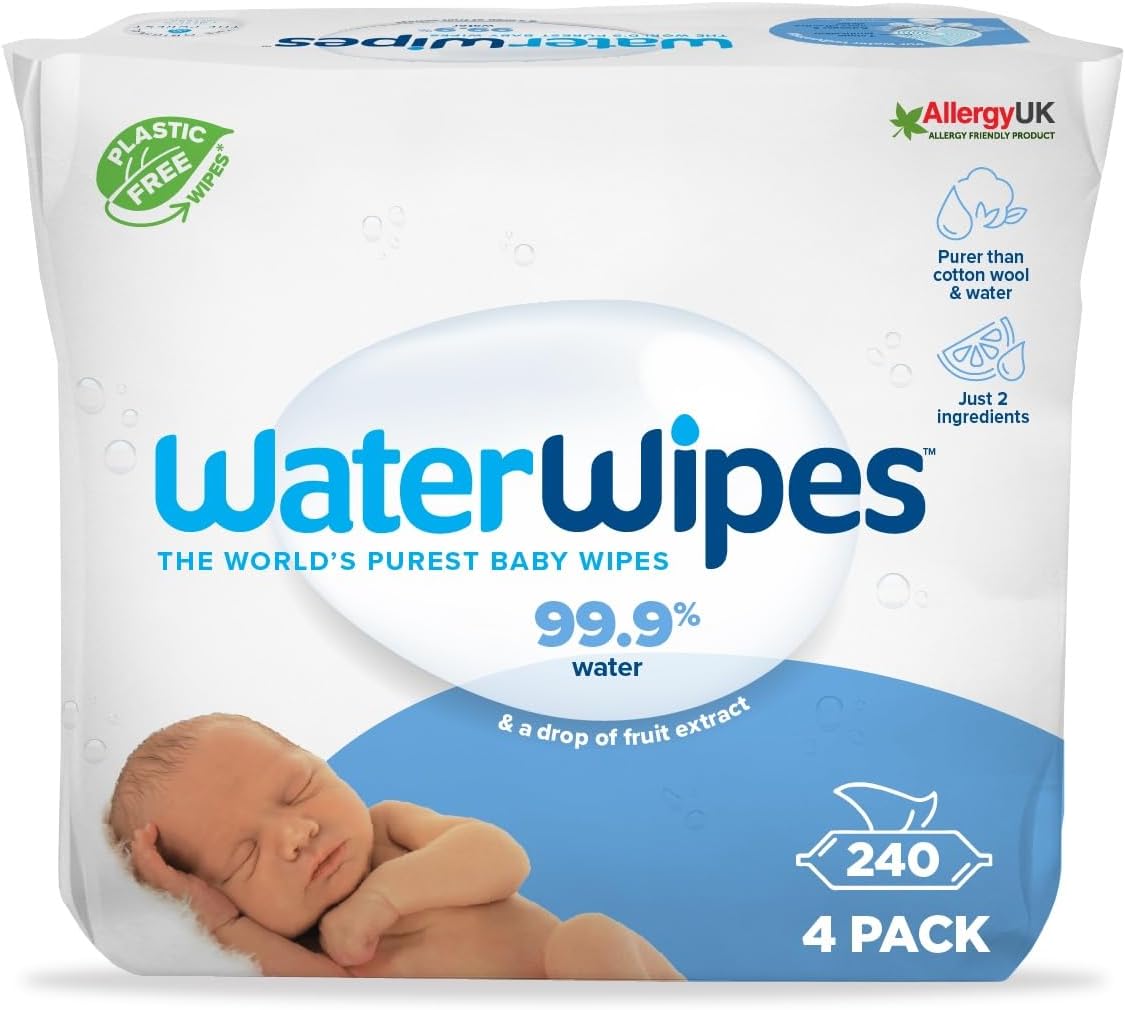 WaterWipes Plastic-Free Original Baby Wipes, 240 Count (4 packs), 99.9% Water Based Wipes, Unscented for Sensitive Skin