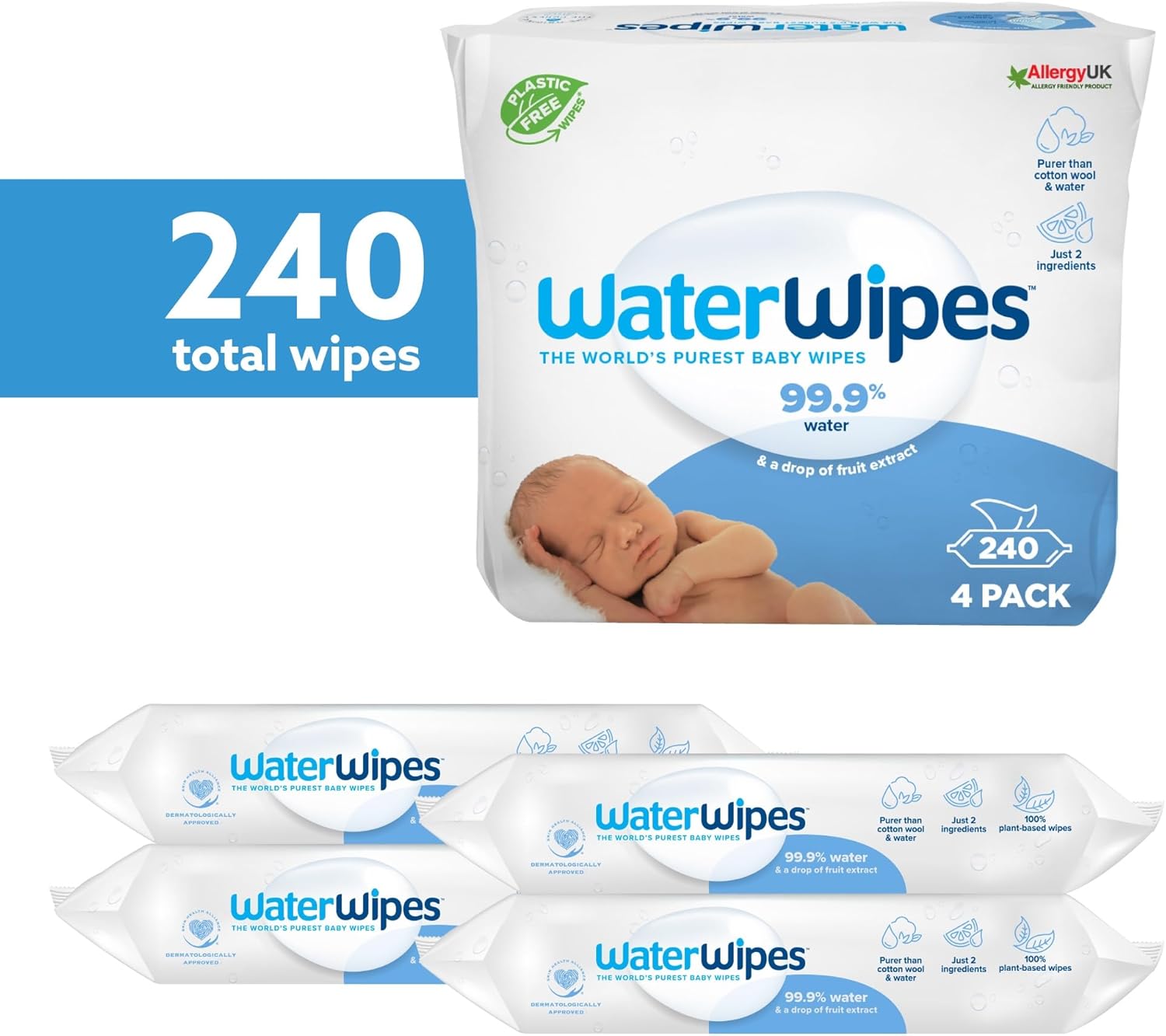 WaterWipes Plastic-Free Original Baby Wipes, 240 Count (4 packs), 99.9% Water Based Wipes, Unscented for Sensitive Skin