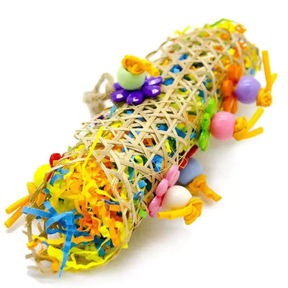 Wooden parrot chew toys with colourful paper strips