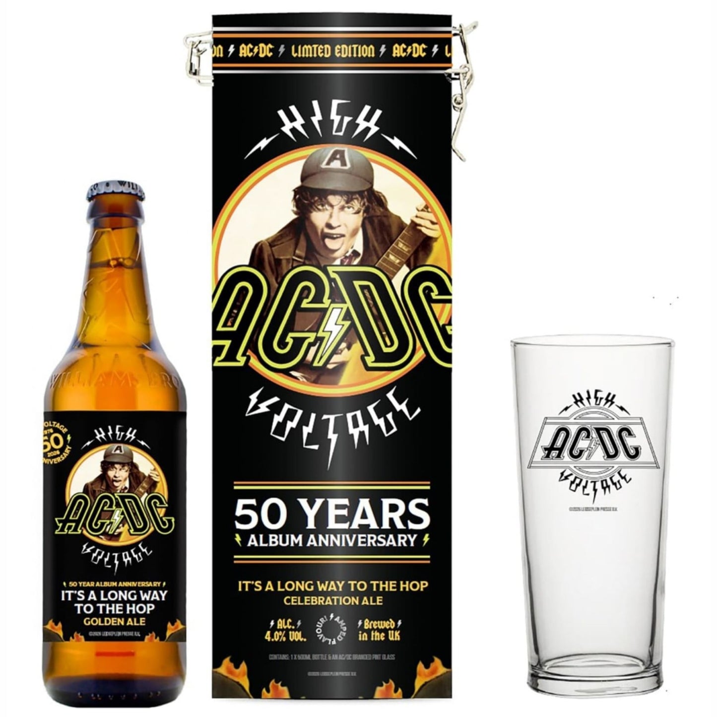 AC/DC 50th Anniversary beer gift set with glass and tin