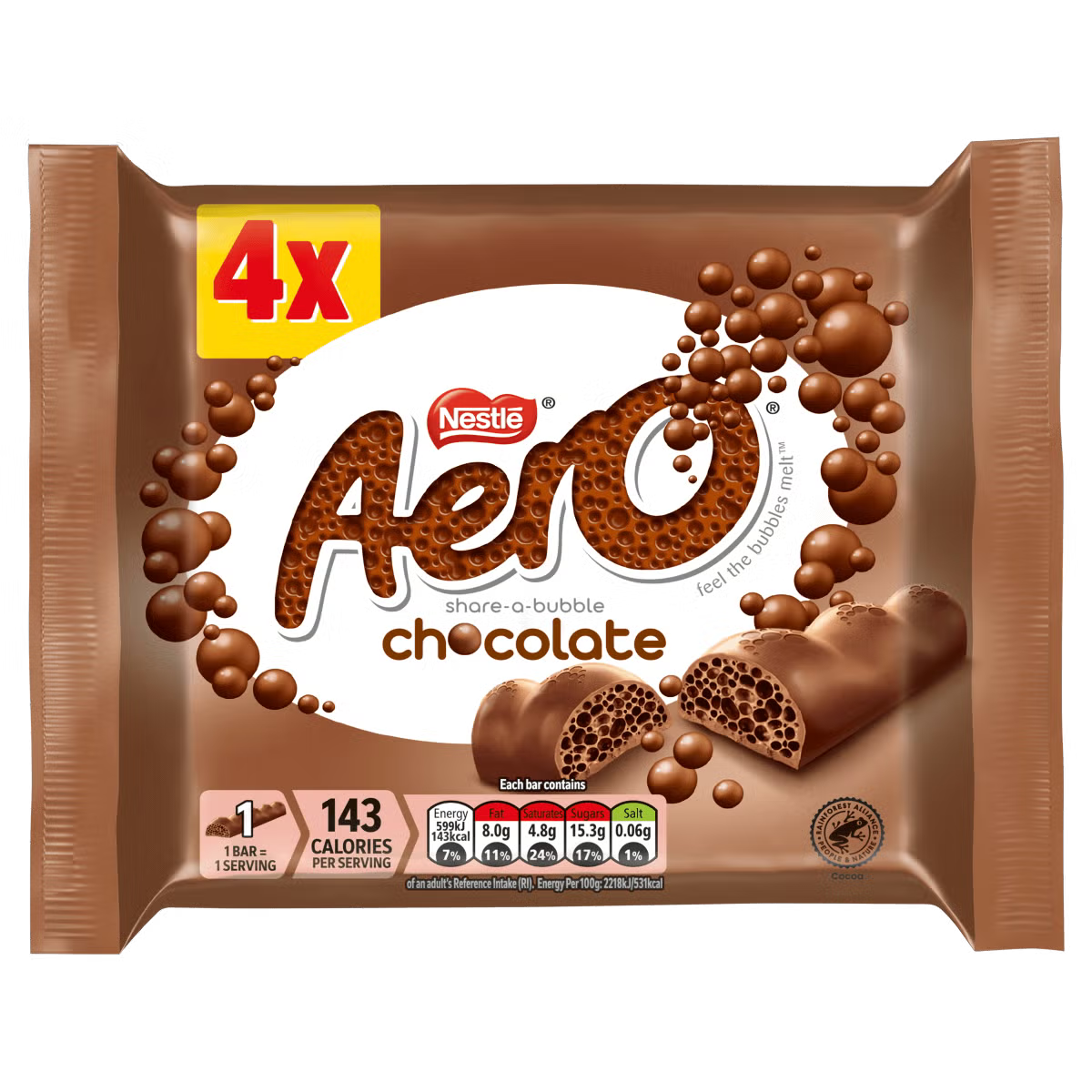 Four Aero Milk Chocolate bars with a light, bubbly centre that melts in your mouth