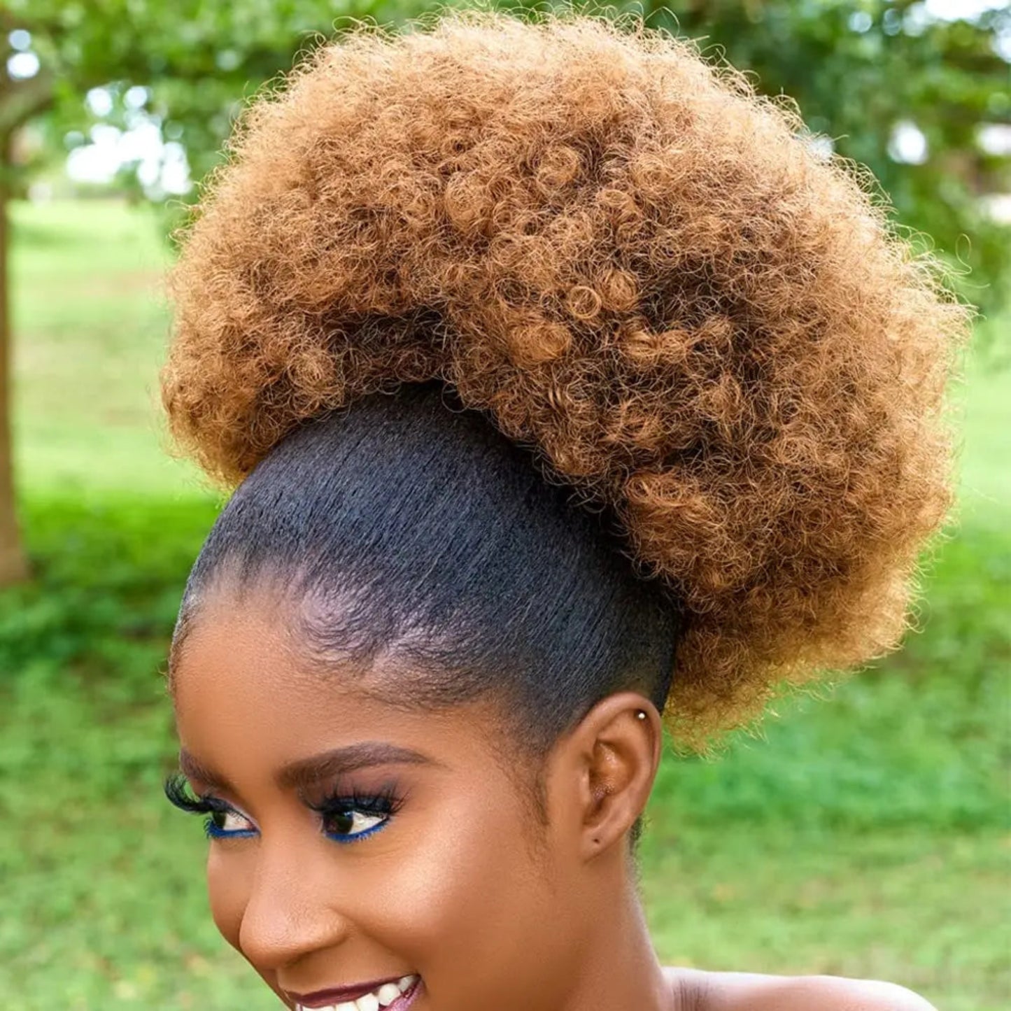 Afro puff drawstring ponytail with kinky curly texture