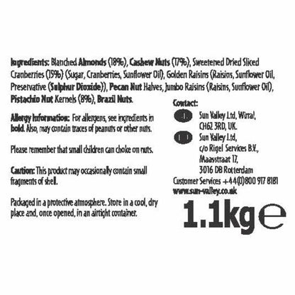 Juicy cranberries, jumbo raisins, and golden raisins combined with nuts