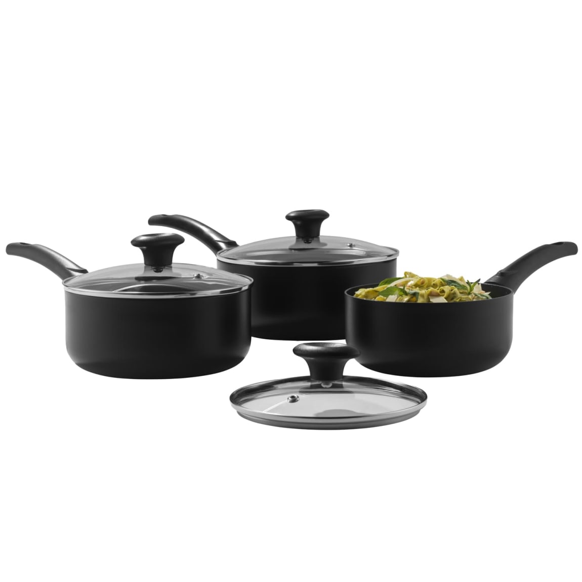 Saucepan set with tempered glass lids and steam vents