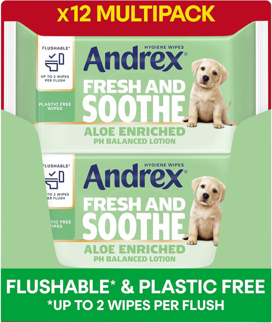  Andrex Fresh and Soothe Hygiene Wipes Packaging - Plastic-Free and FSC Certified - 12 Packs