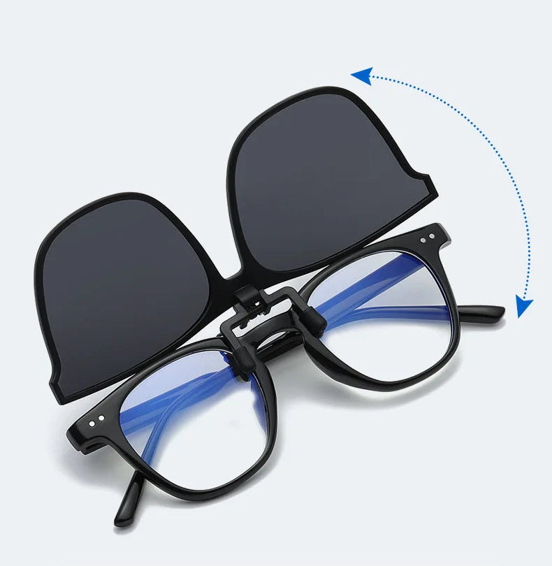 Clip on sunglasses photochromic colour changing lens detail