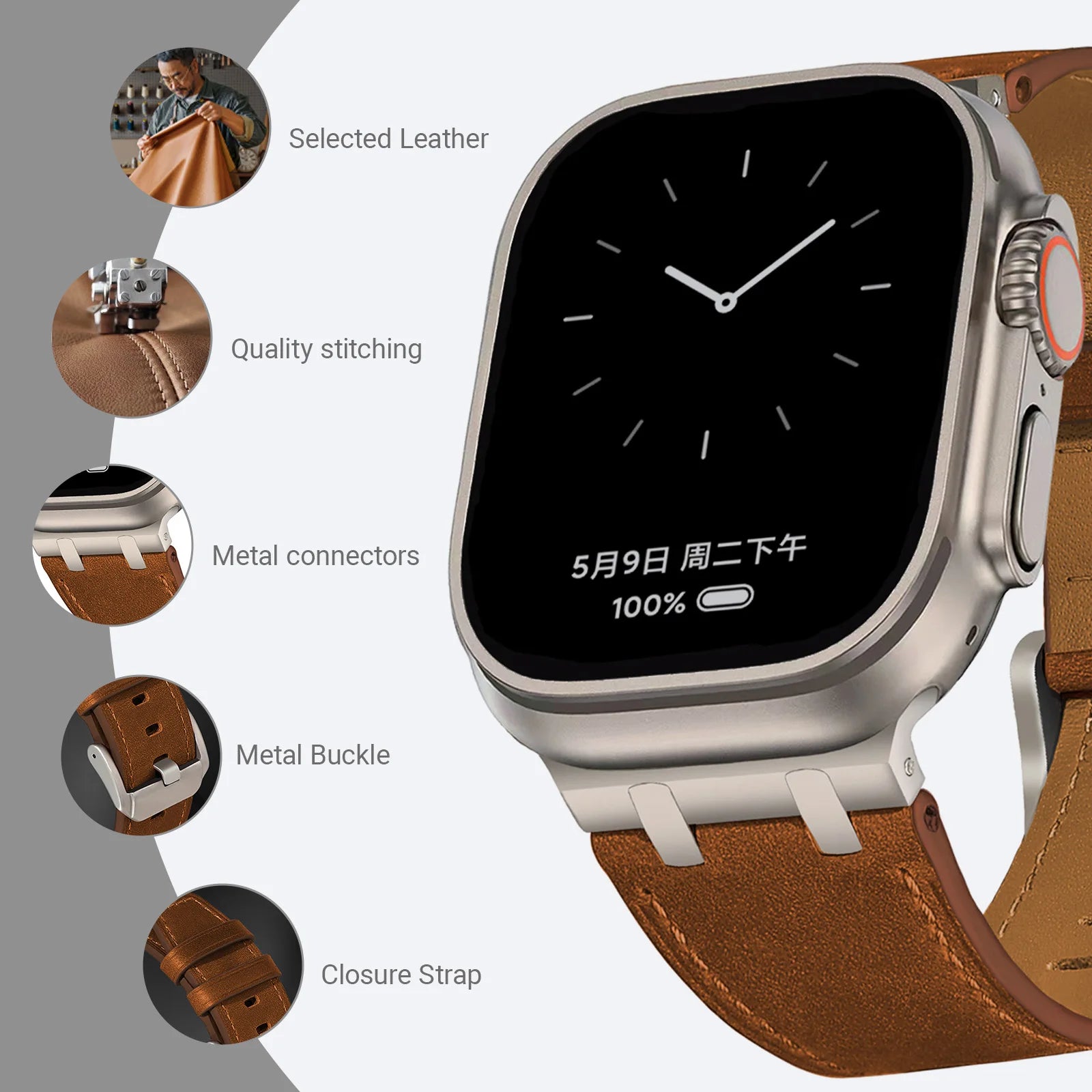 Apple Watch Ultra leather strap 49mm luxury pin buckle