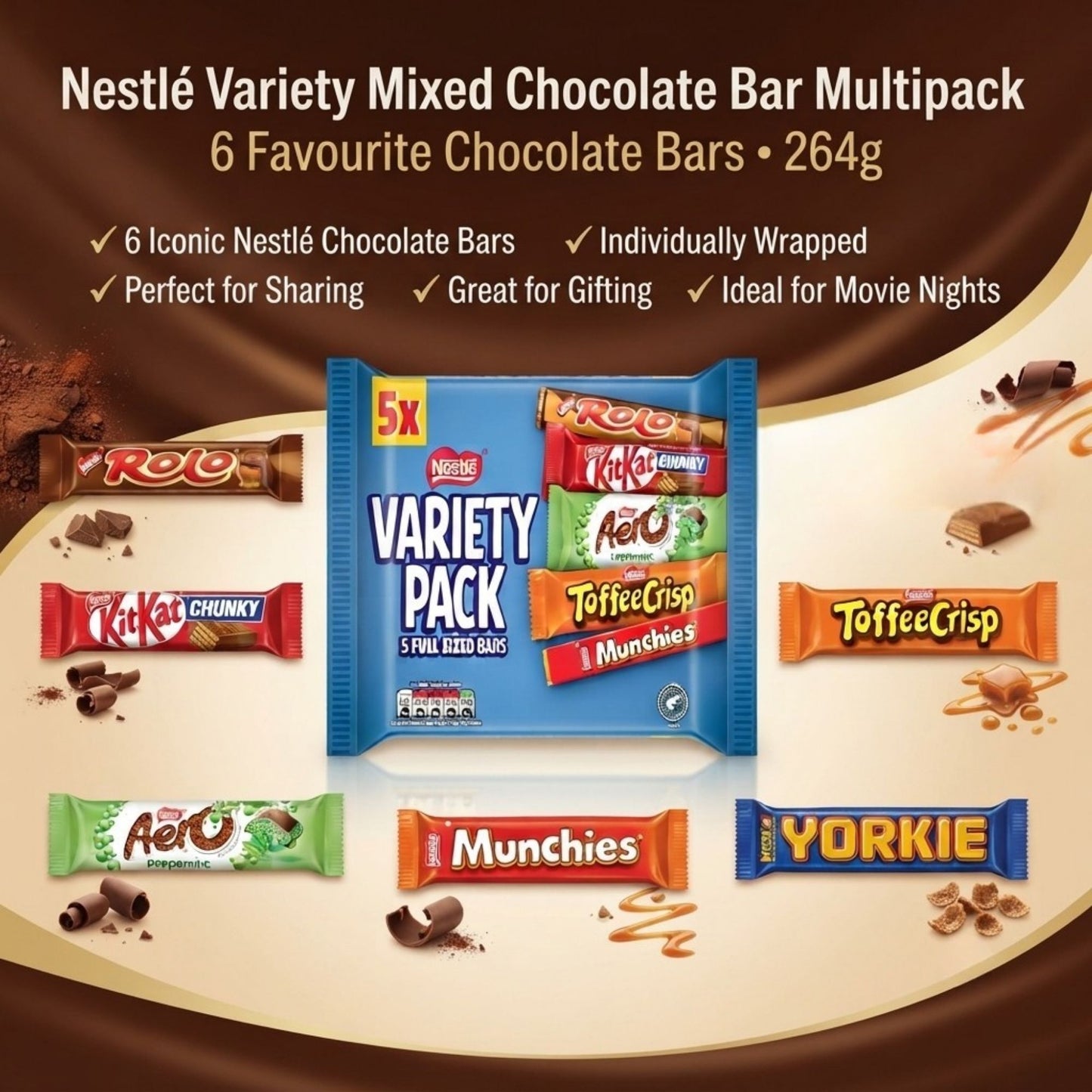 Six individually wrapped chocolate bars