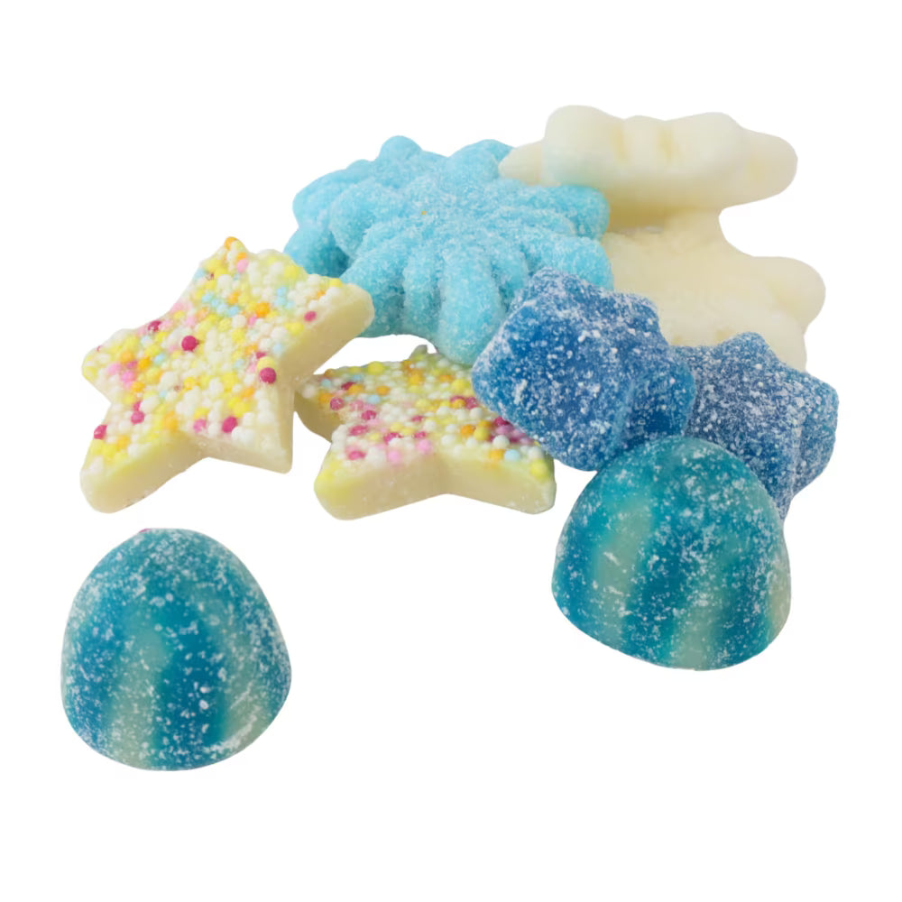 1kg bulk bag of colourful jelly and white chocolate candy treats for festive occasions