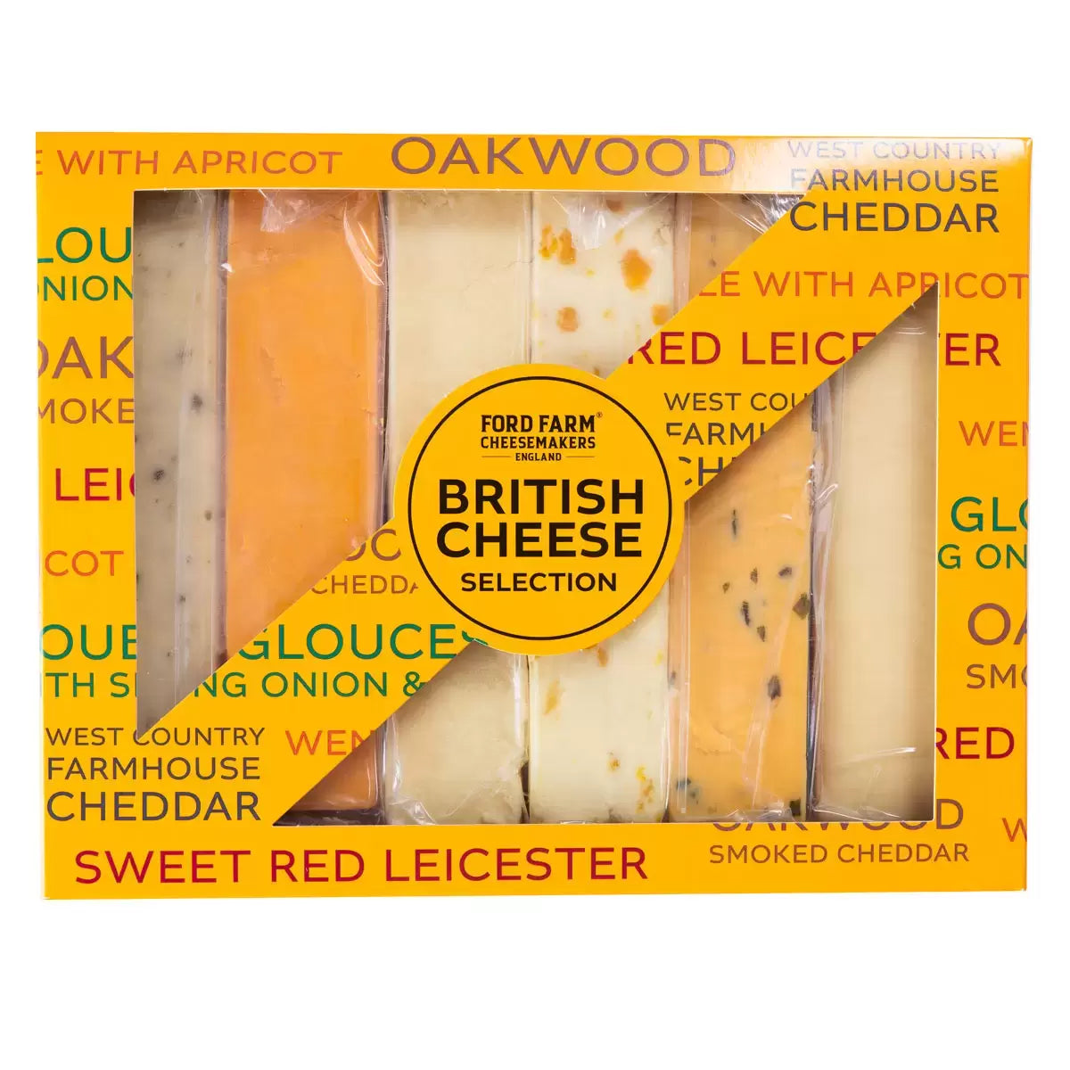 Assorted farmhouse cheeses including cheddar, Red Leicester, Wensleydale