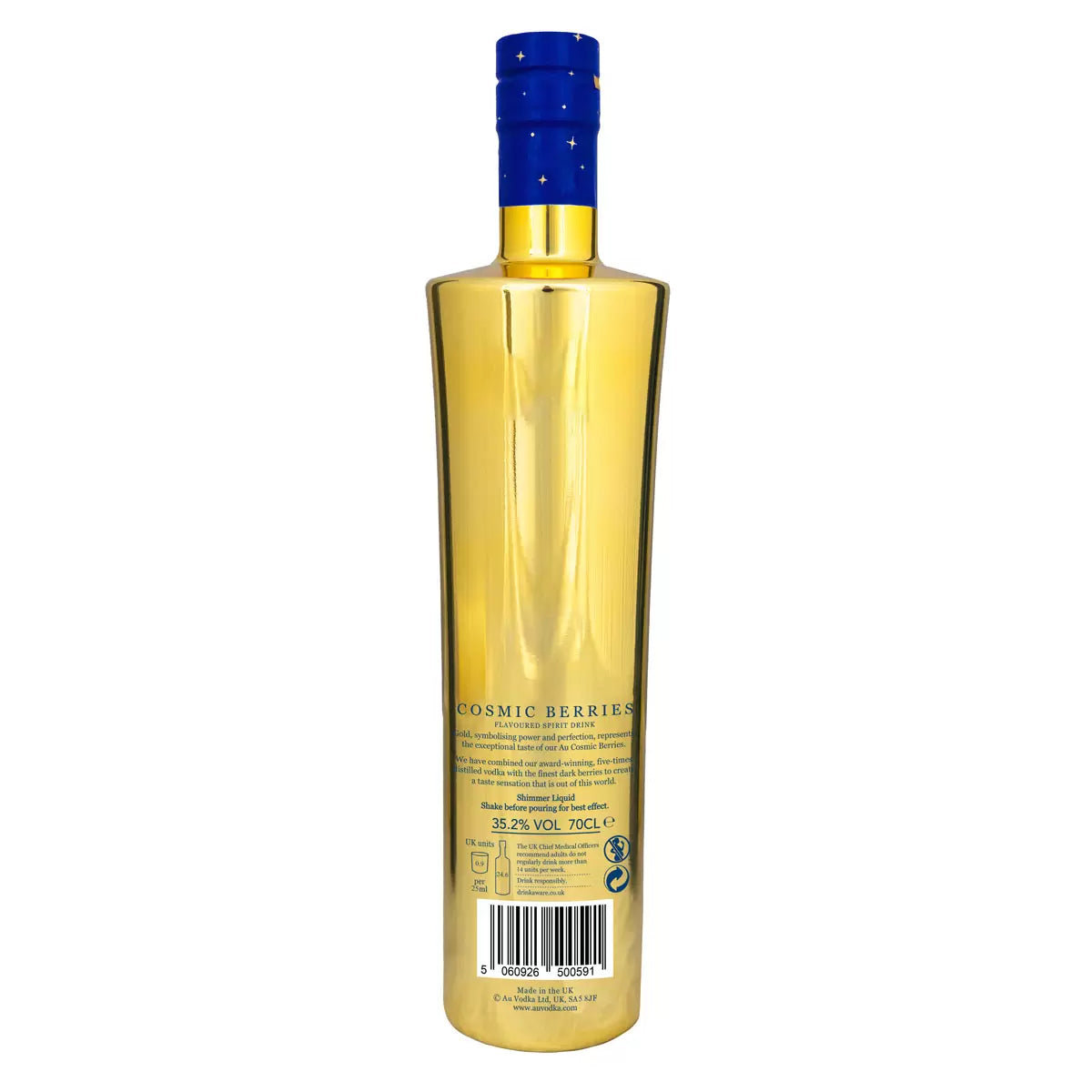 Back view of AU Vodka Cosmic Berries 70cl bottle showing its branding