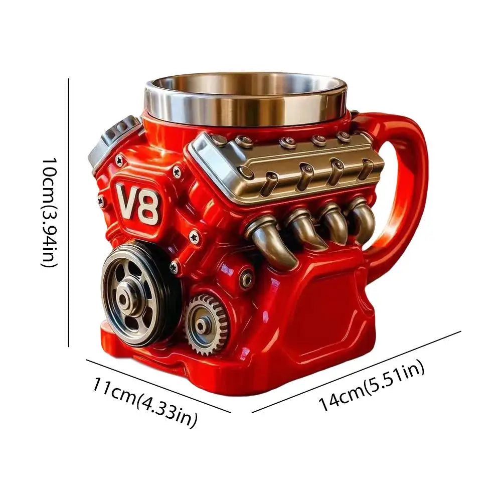 Heavy duty metal mug with engine design