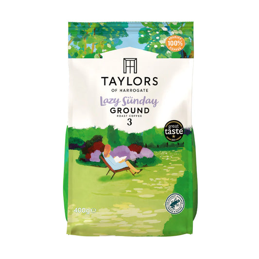 Taylors Lazy Sunday Ground Coffee 400g pack on kitchen counter.