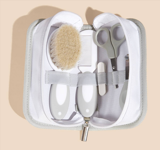 Gray infant care tote bag with baby grooming essentials