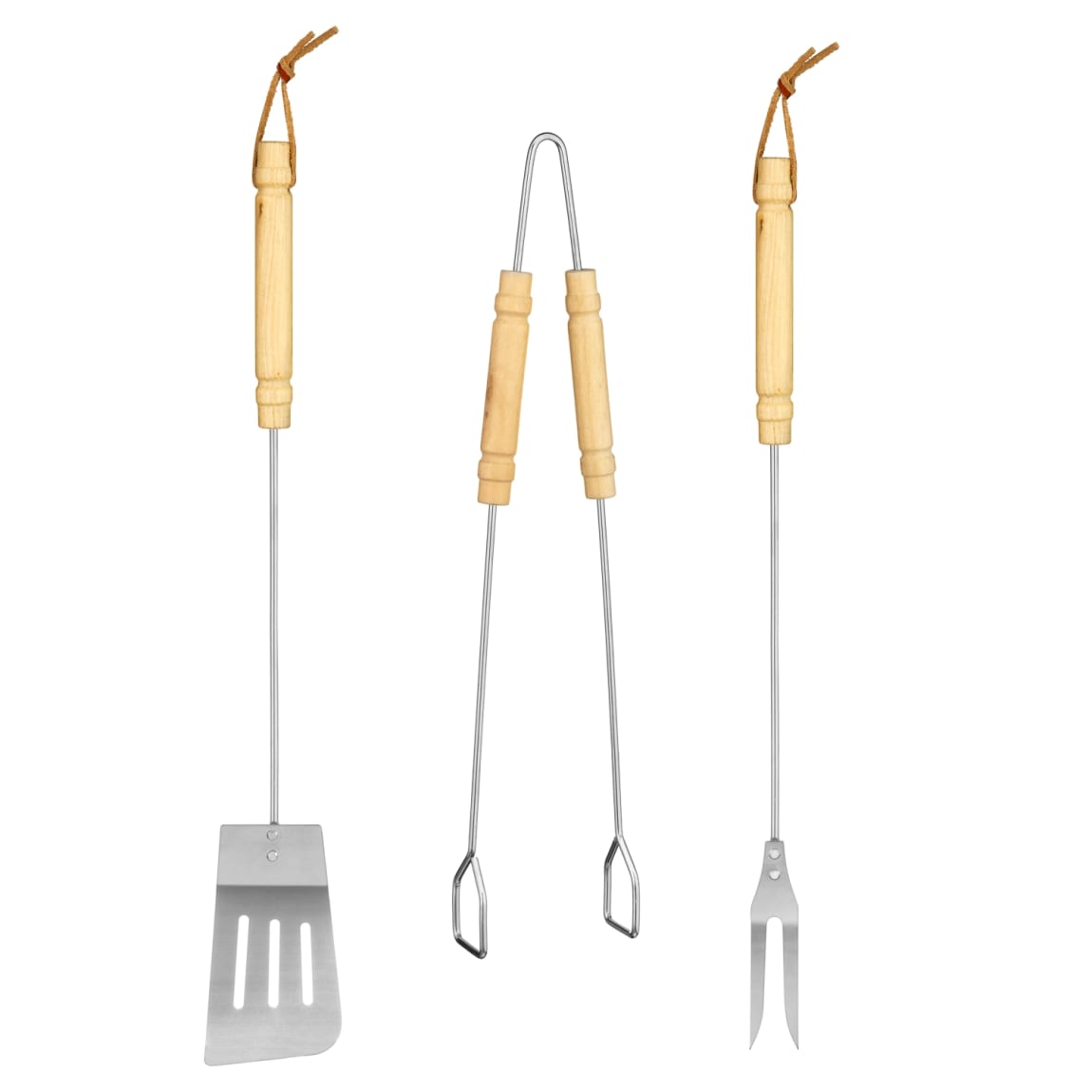 Three piece barbecue tool kit with wooden handles