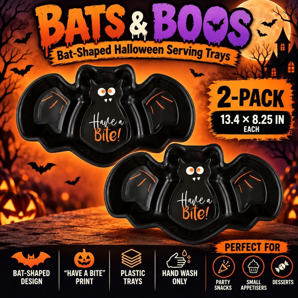 Bats & Boos Bat Shaped Halloween Serving Trays 2 Pack