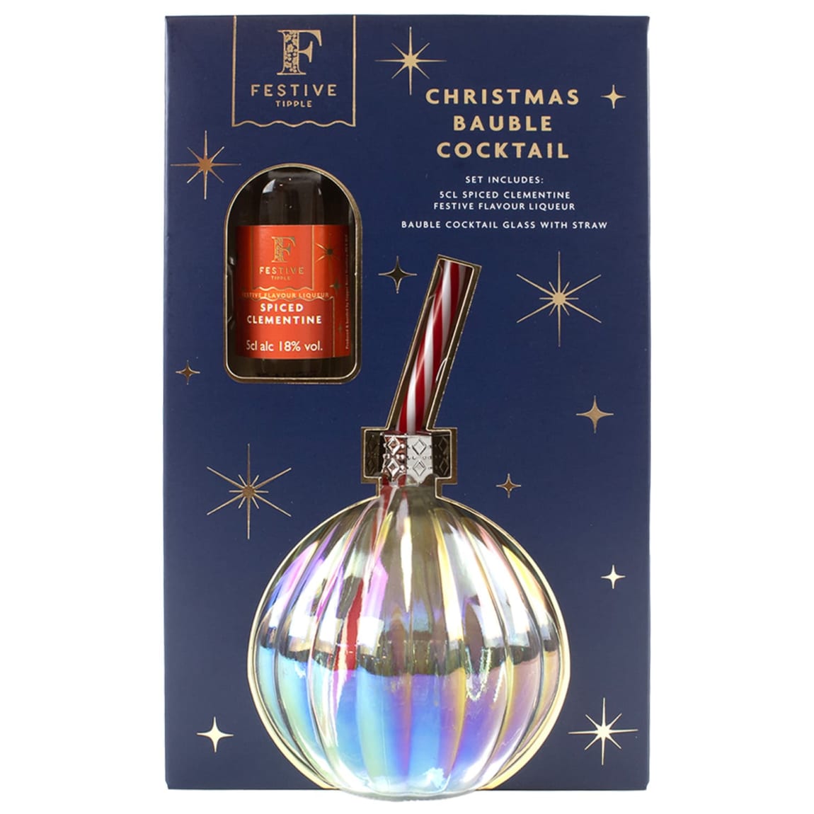 Mini bauble-shaped cocktail glass with straw for holiday drinks