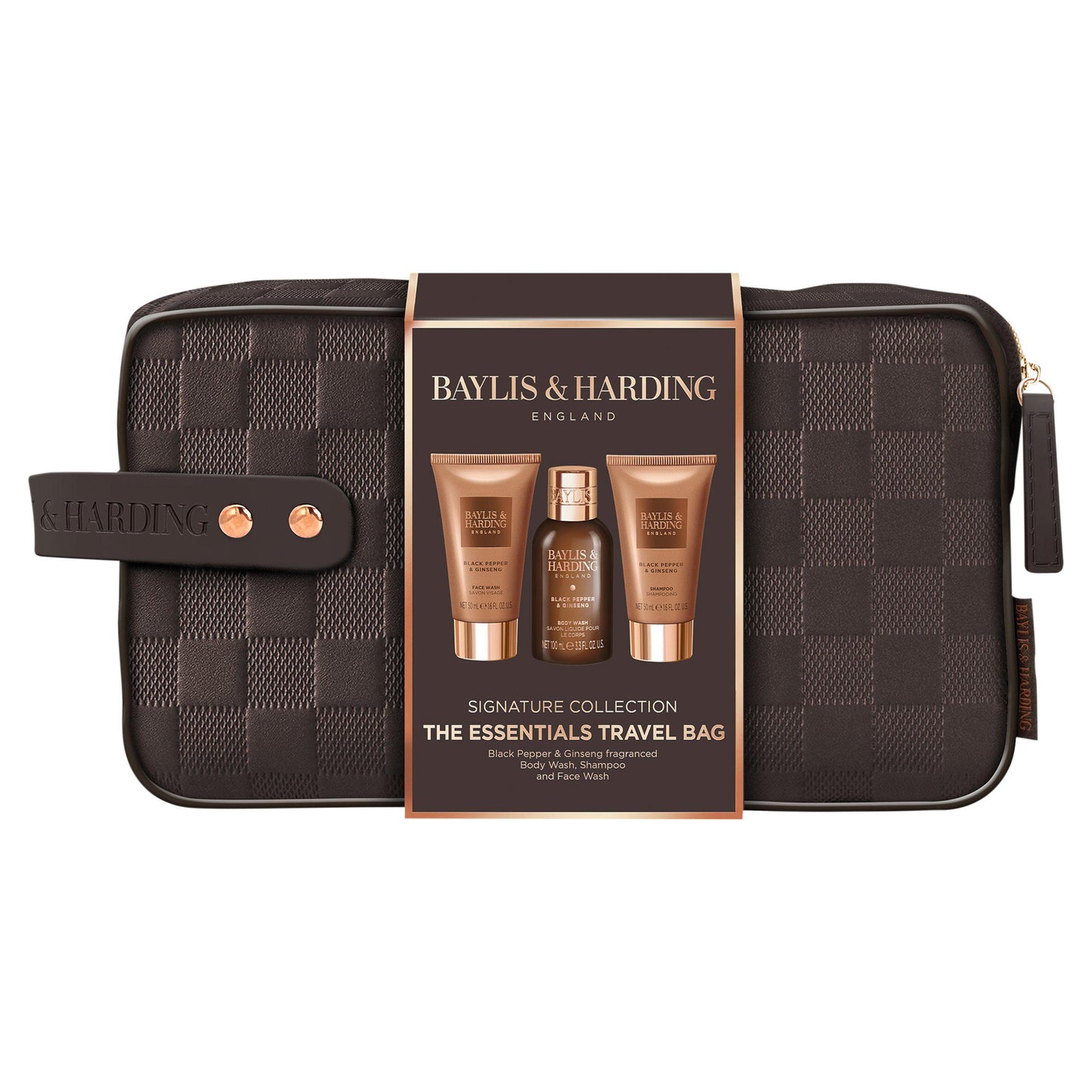 Baylis & Harding Black Pepper Ginseng Men’s Travel Gift Set with body wash, shampoo, and face wash