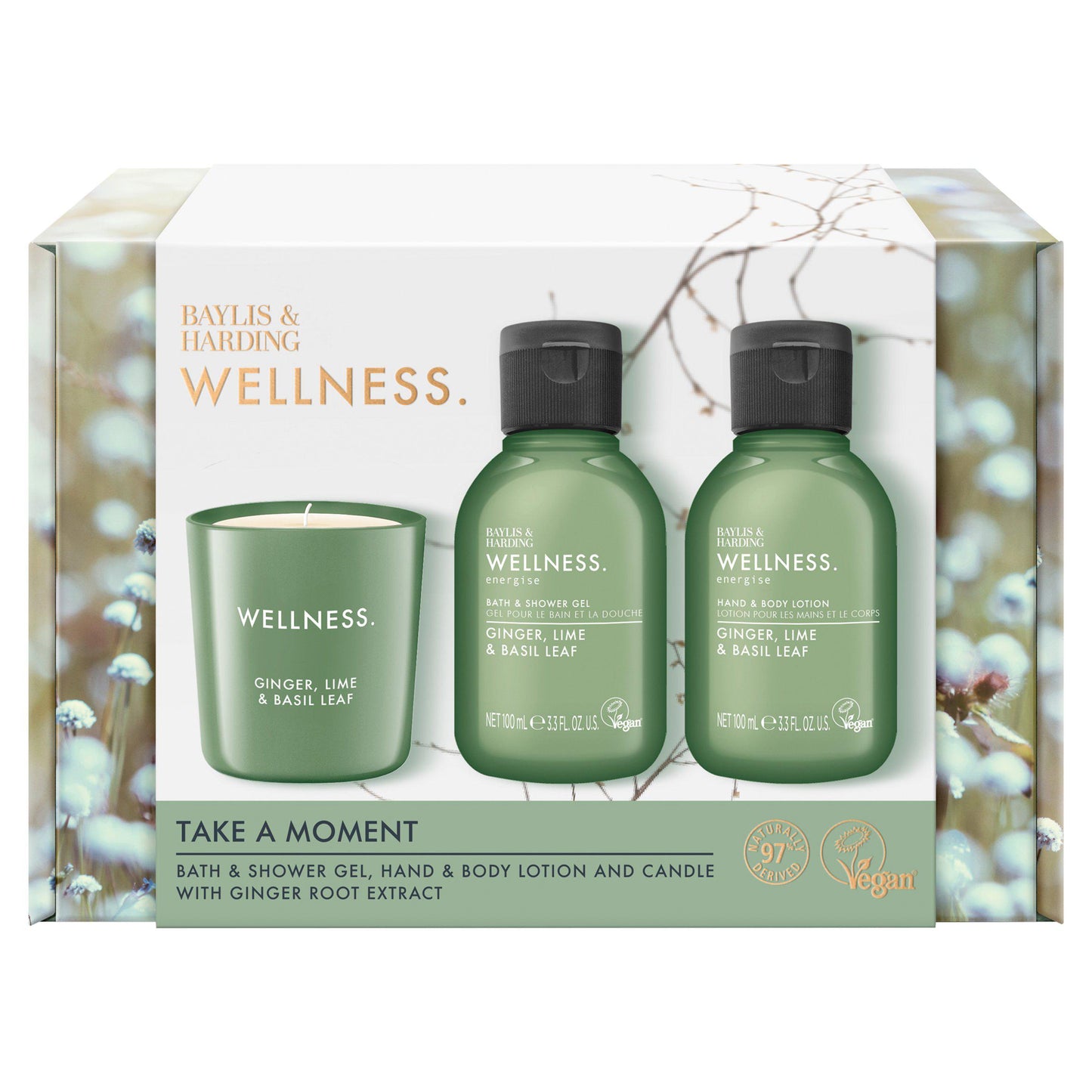 Baylis & Harding Take a Moment Wellness Gift Set with bath gel, lotion, and candle