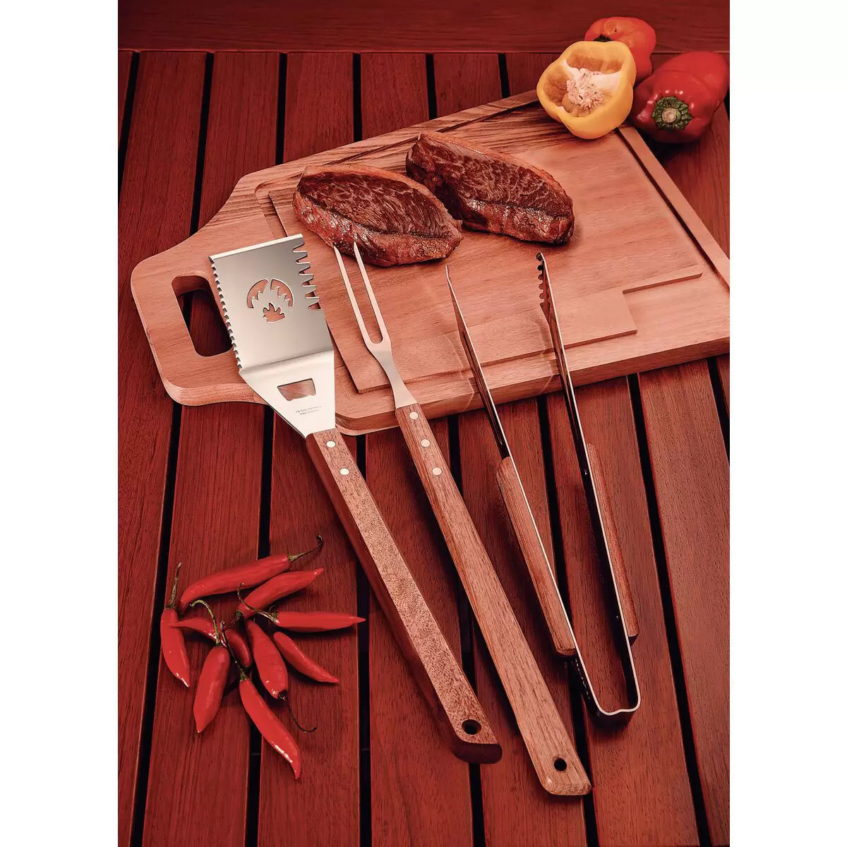 Wooden handle barbecue utensil set with tongs fork spatula