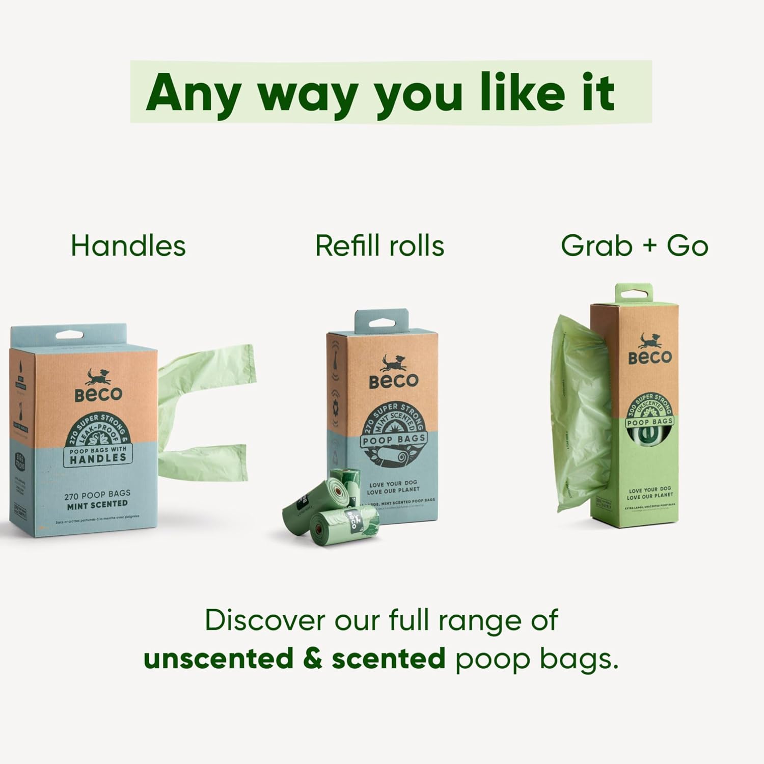 Beco dog poop bags refill rolls – 270 unscented and scented