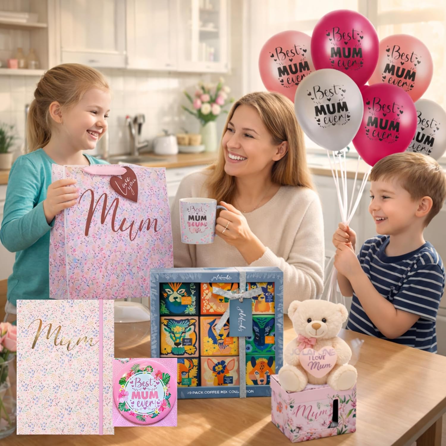 “Best Mum Ever” badge and note book included in gift set