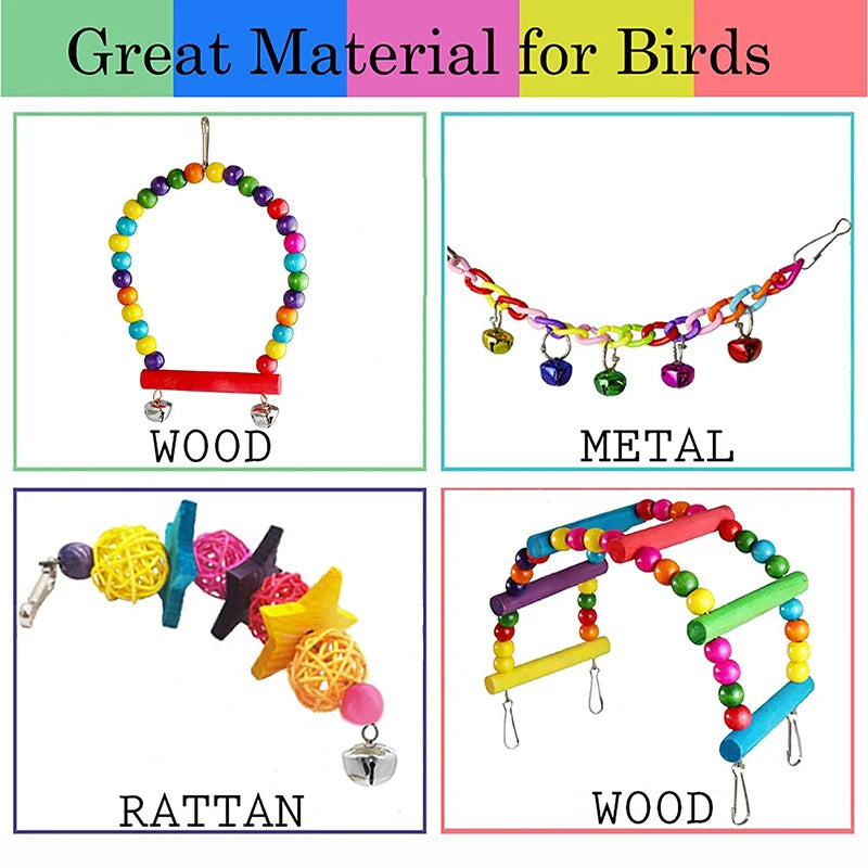 Wooden bird toys designed for cage enrichment