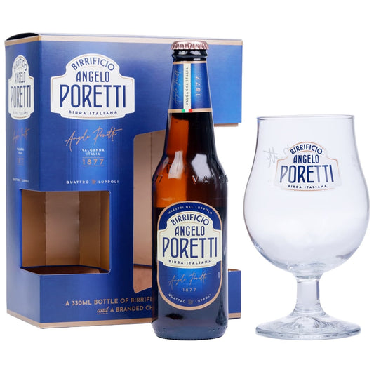 Birrifico Angelo Poretti Lager Beer 330ml with premium chalice glass gift set