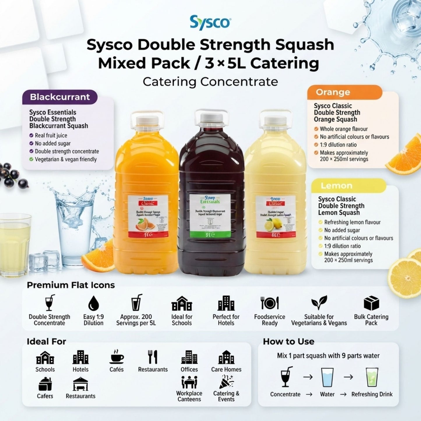 Blackcurrant orange and lemon squash selection