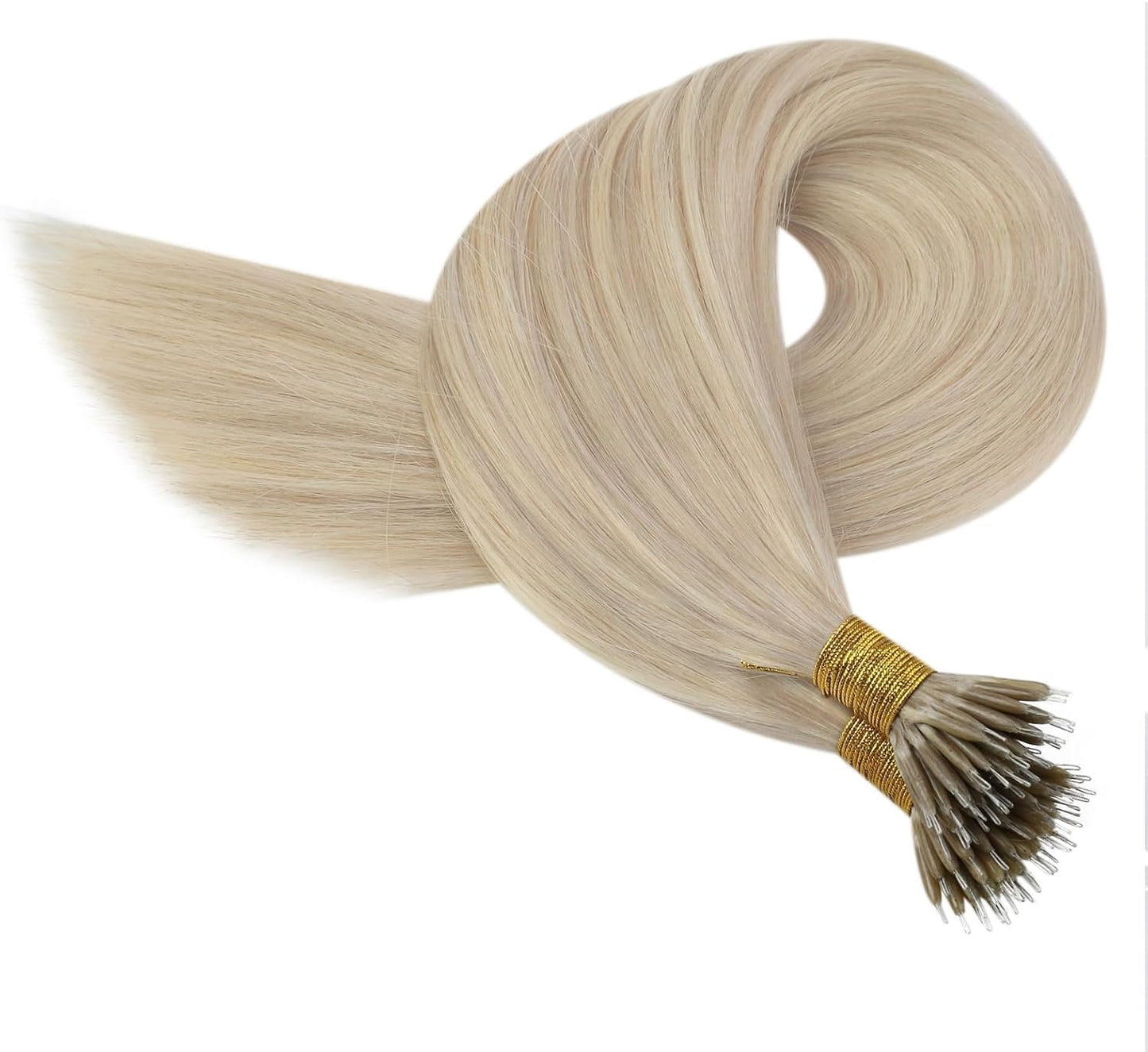 Nano tip hair extensions with bleach blonde highlights