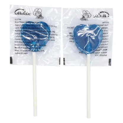 Individually wrapped blue heart-shaped lollipops