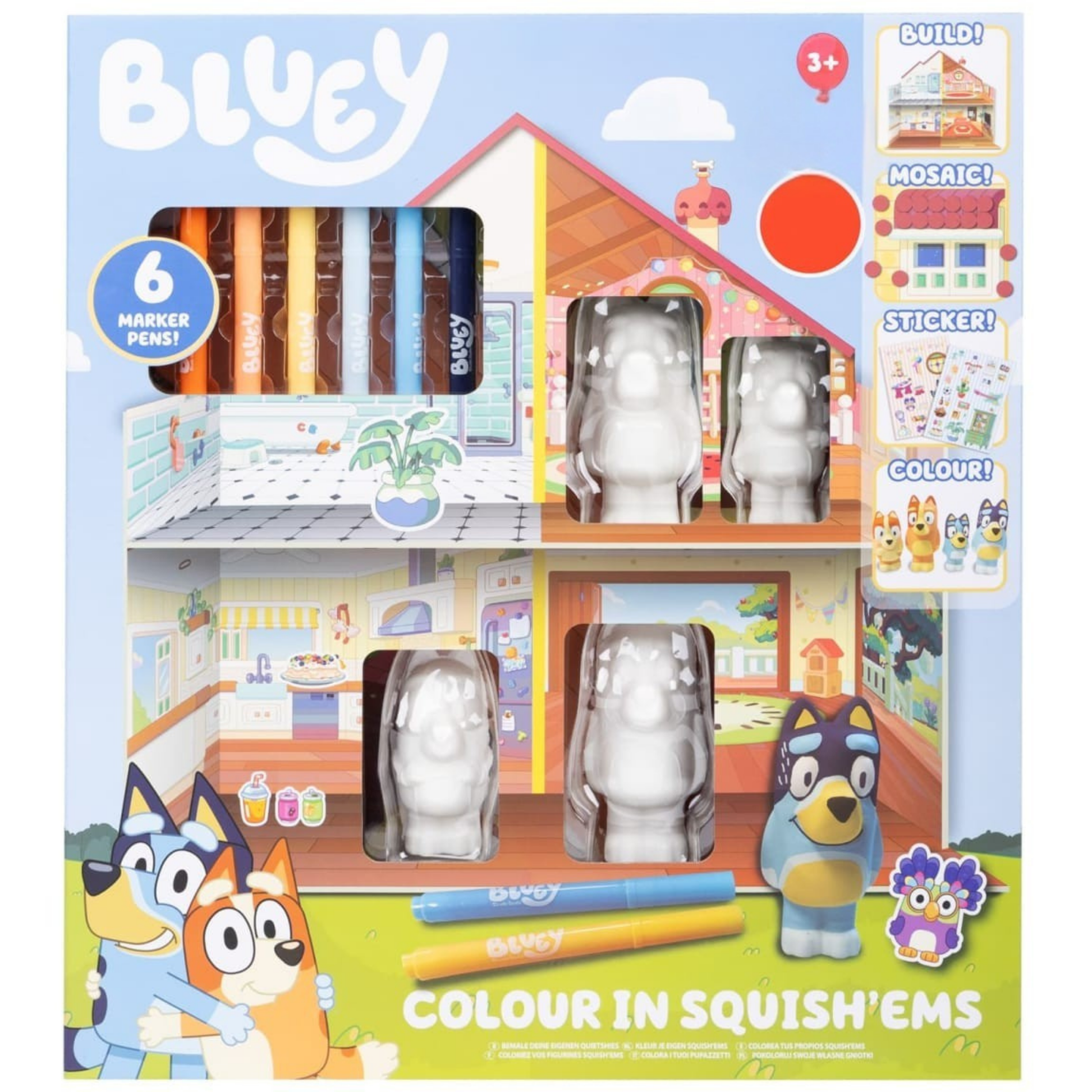 Four Bluey Squish'Ems characters ready to colour