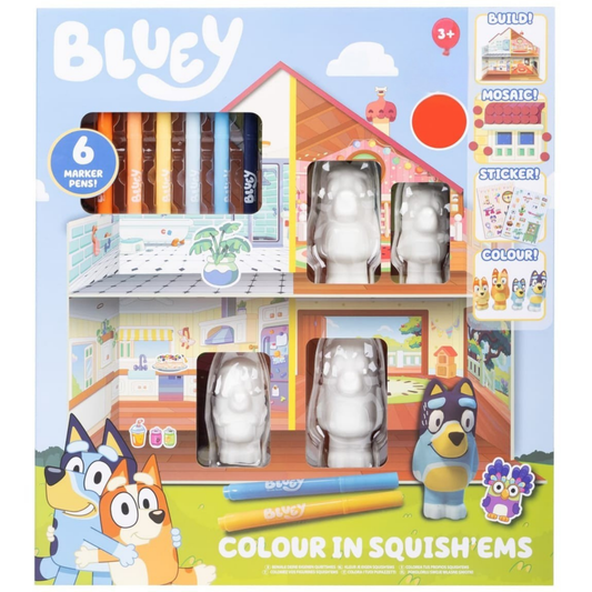 Four Bluey Squish'Ems characters ready to colour