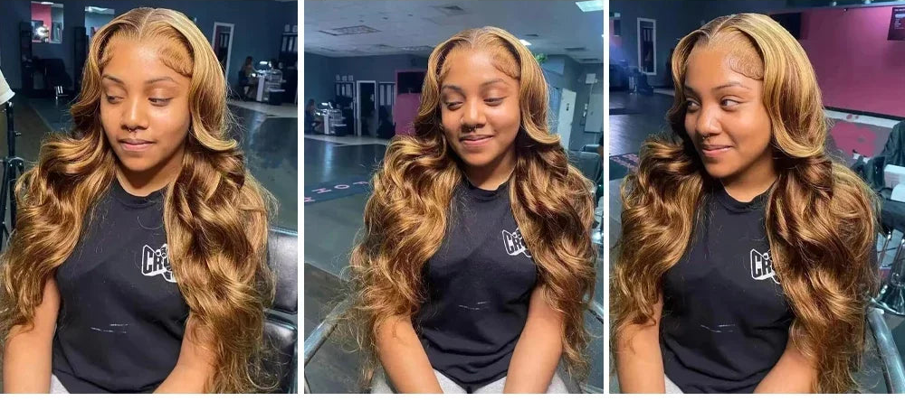Remy human hair body wave wig honey blonde highlight transparent lace