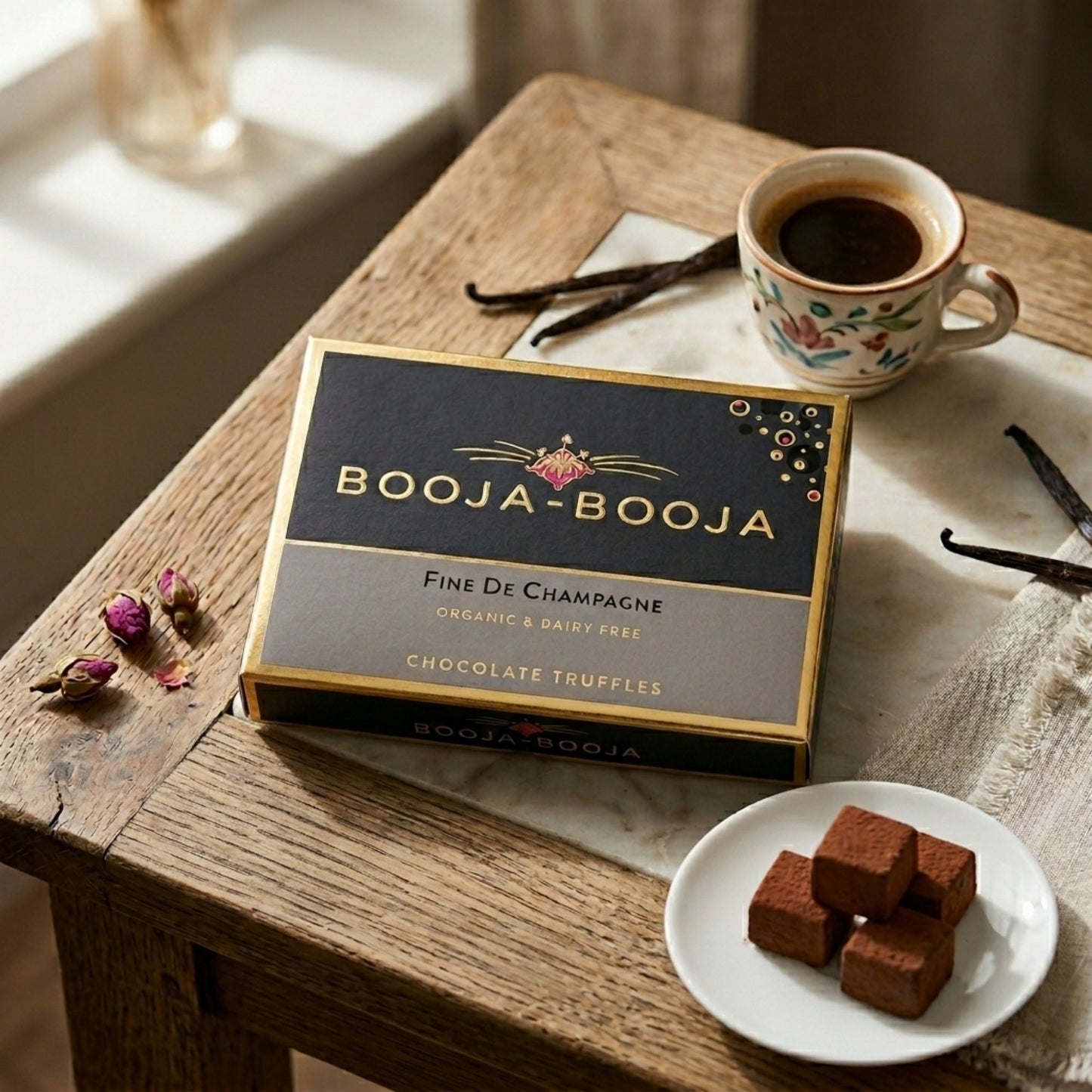 Smooth cocoa dusted champagne flavoured truffles