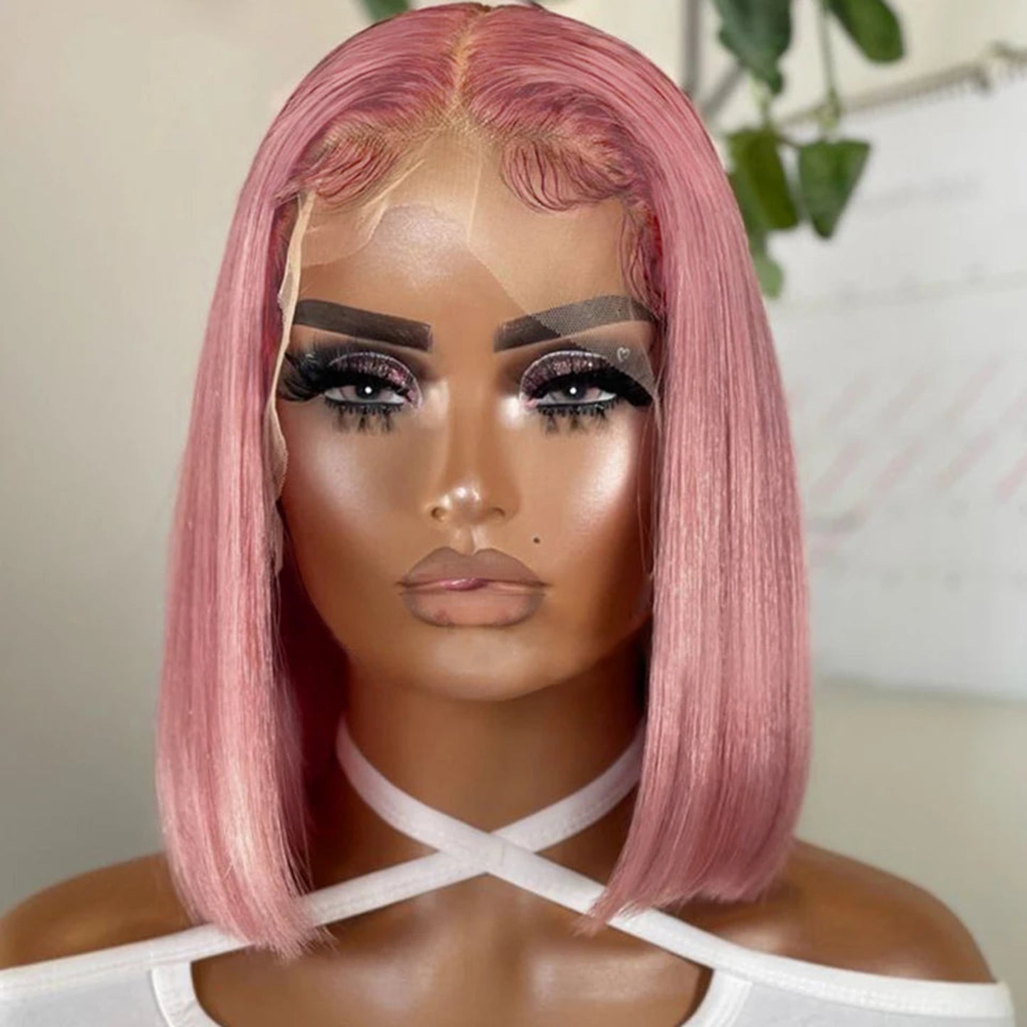 Fashionable short pink bob human hair wig