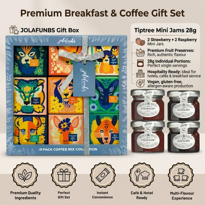 Breakfast hamper featuring flavoured instant coffee sachets