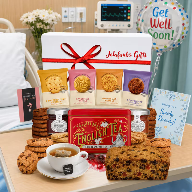 Tea tin gift set with assorted jams and sweet treats