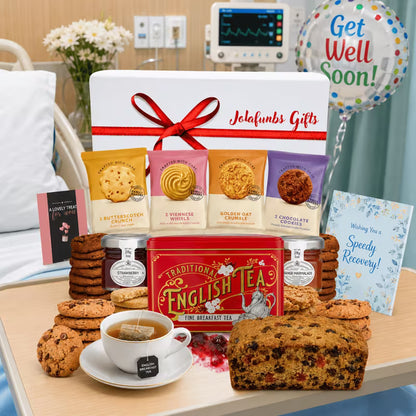 Tea tin gift set with assorted jams and sweet treats