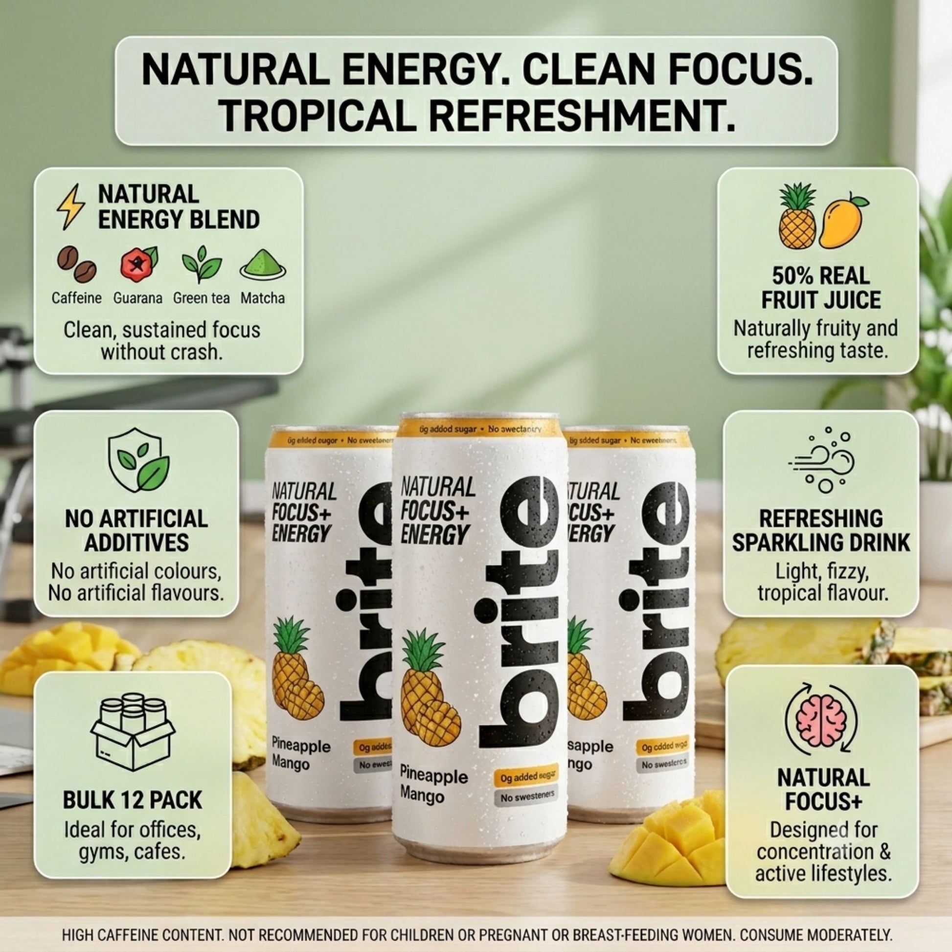 Sparkling tropical energy drink with caffeine boost
