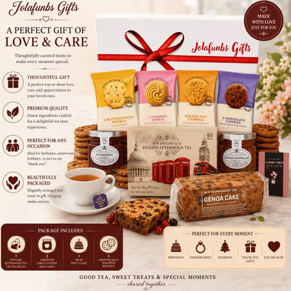 British tea hamper with classic snacks and tea bags