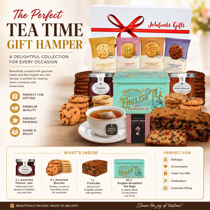 British tea hamper featuring jam tea bags and sweet treats