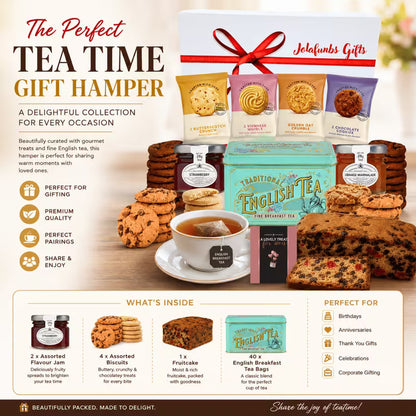British tea hamper featuring jam tea bags and sweet treats