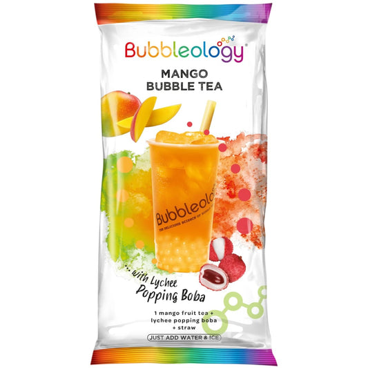 Bubbleology Mango Bubble Tea kit with lychee popping boba and straw