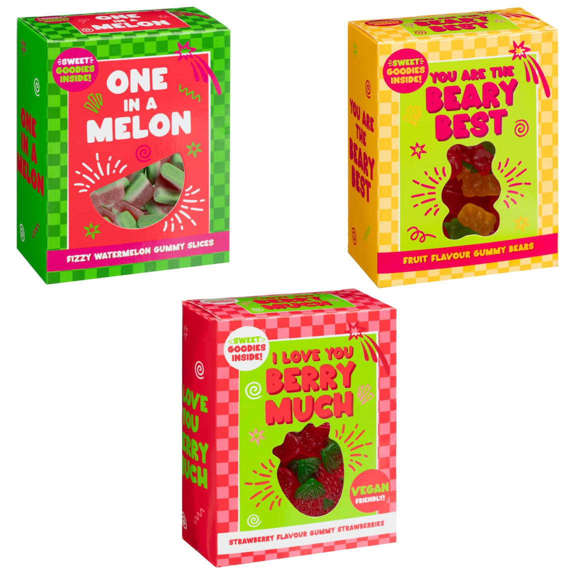 Juicy assorted sweets in cheerful slogan packaging