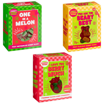 Juicy assorted sweets in cheerful slogan packaging