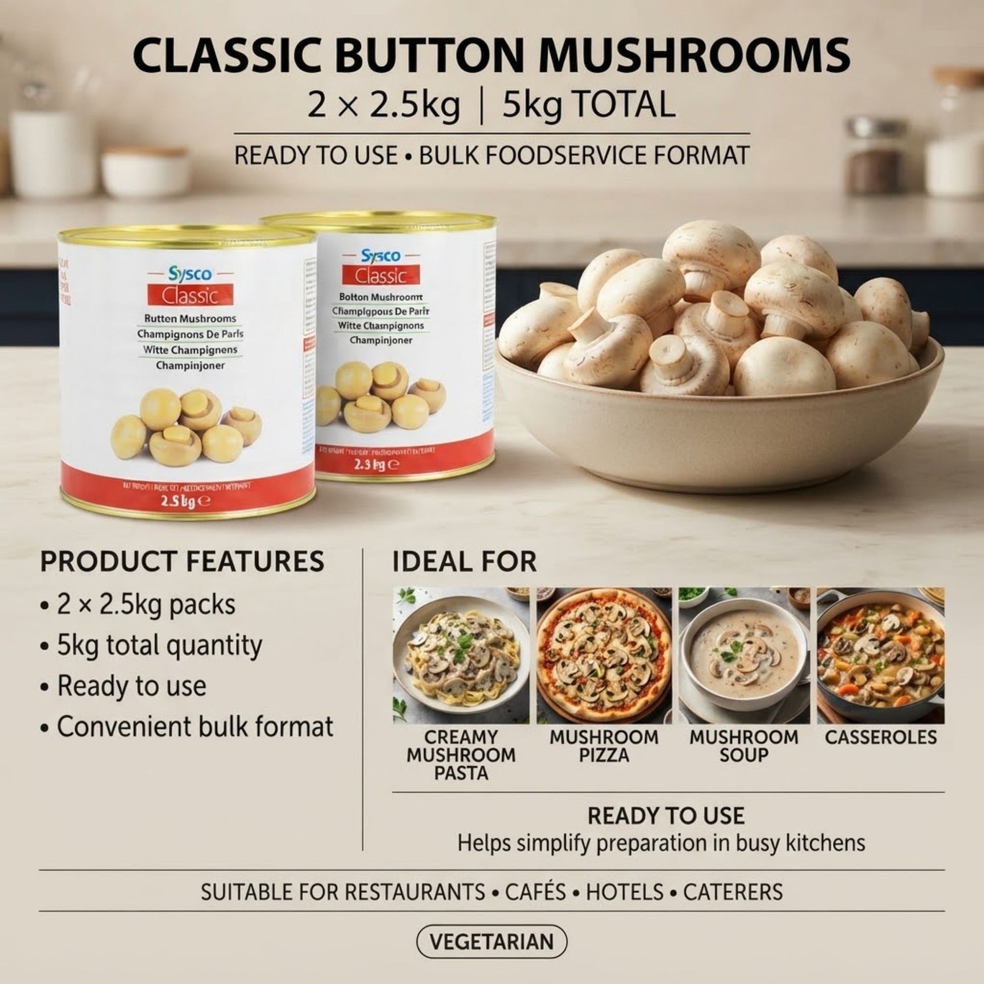 Sysco Classic button mushrooms ready to use