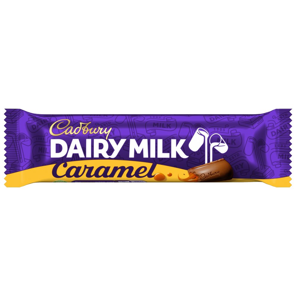 Cadbury Dairy Milk Caramel Chocolate Bar 45g with smooth milk chocolate and golden caramel centre