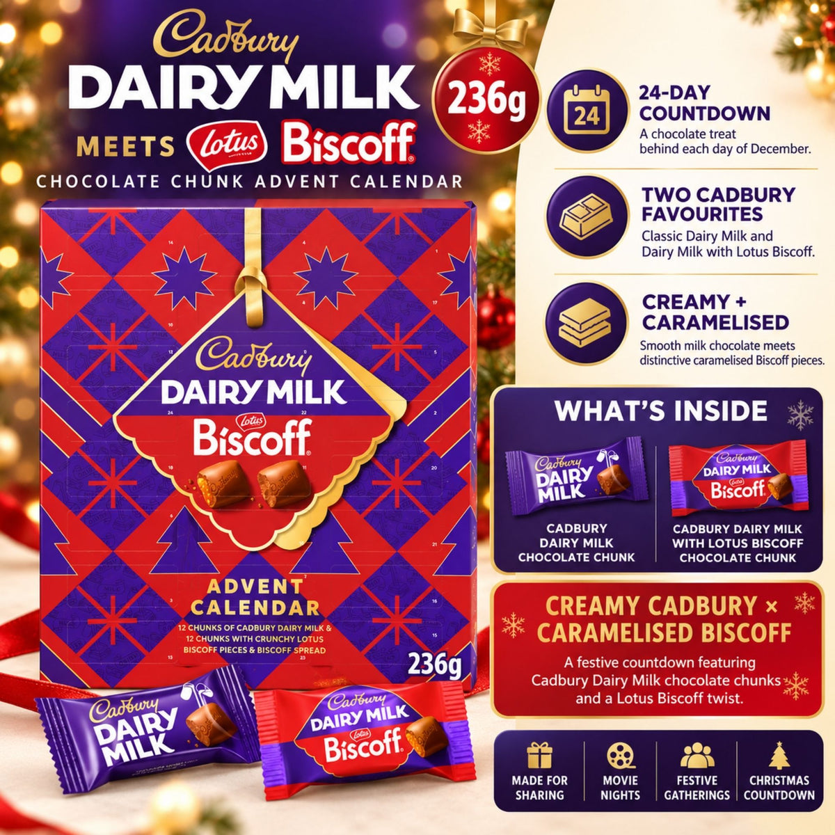 Cadbury Biscoff chocolate advent calendar 236g for Christmas
